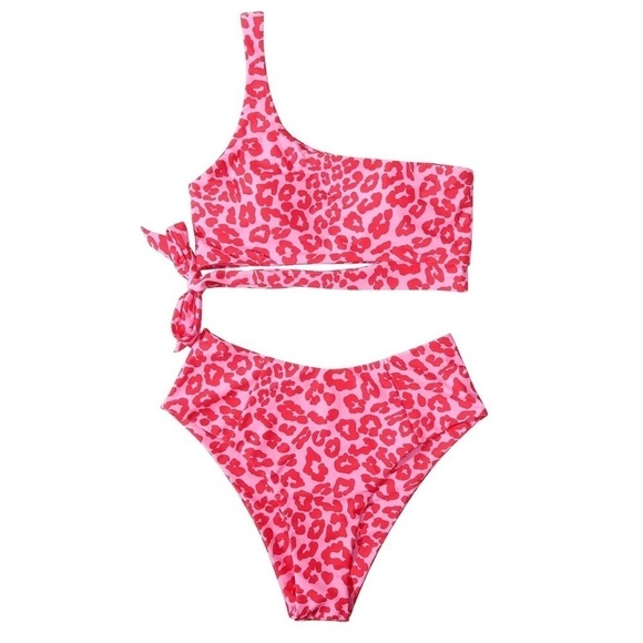 Pink Leopard One Shoulder High Waisted Bikini Tie High Cut Two Piece Swimsuits L - Picture 5 of 12